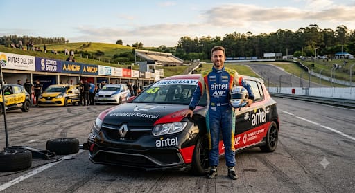 Piloto junto a su auto de rally